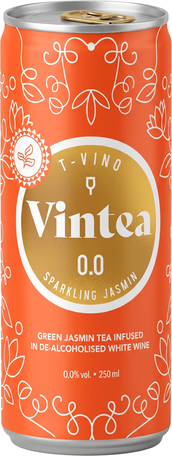 Can and bottle of Vintea T-Vino Sparkling Jasmin with a coral-orange label